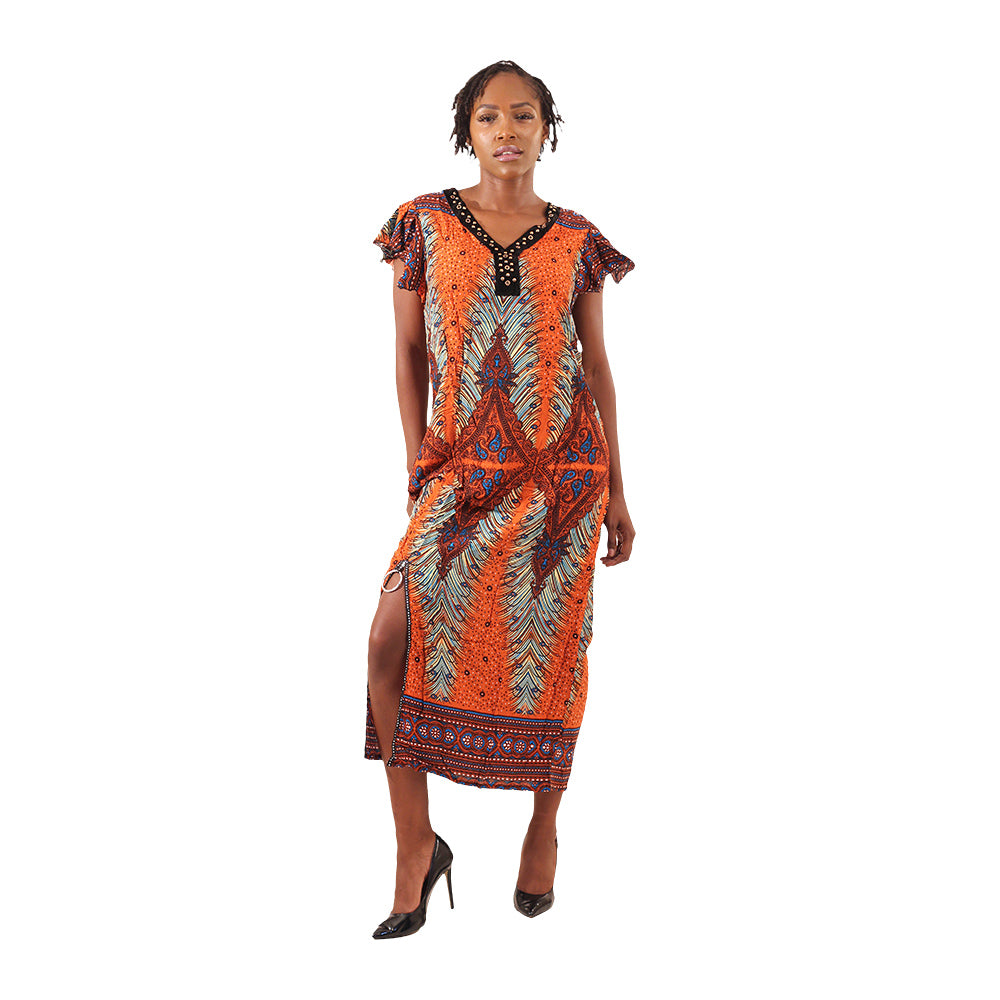 Vestido Naranja con Estampado de Pavo Real MD