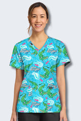 Blusa estampada con cuello en V y cocodrilo sonriente