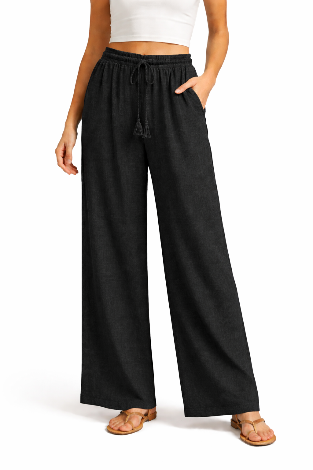 Pantalón Capris de Pierna Ancha con Elástico en la Cintura, Cordón y Borla Negro - Ninety
