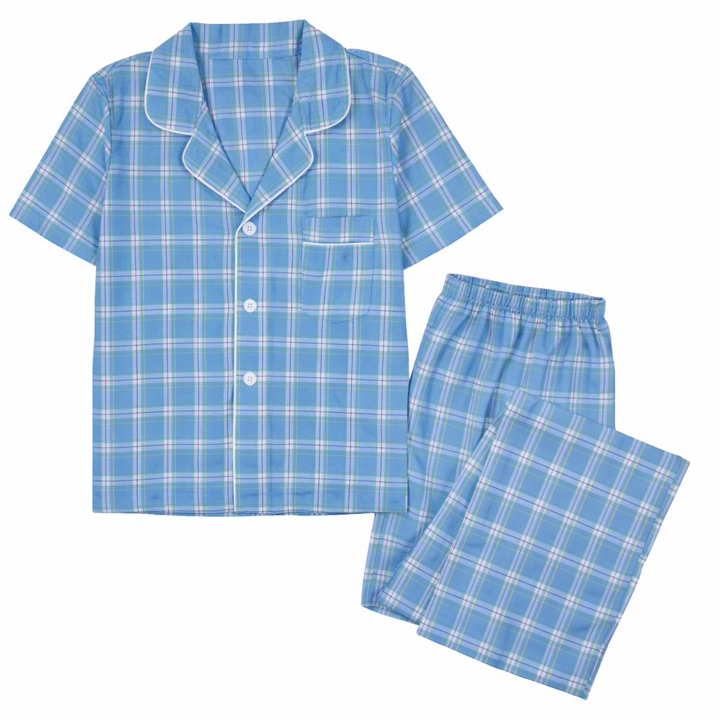 Pijama de hombre de manga corta con pantalón corto largo, azul claro multicolor