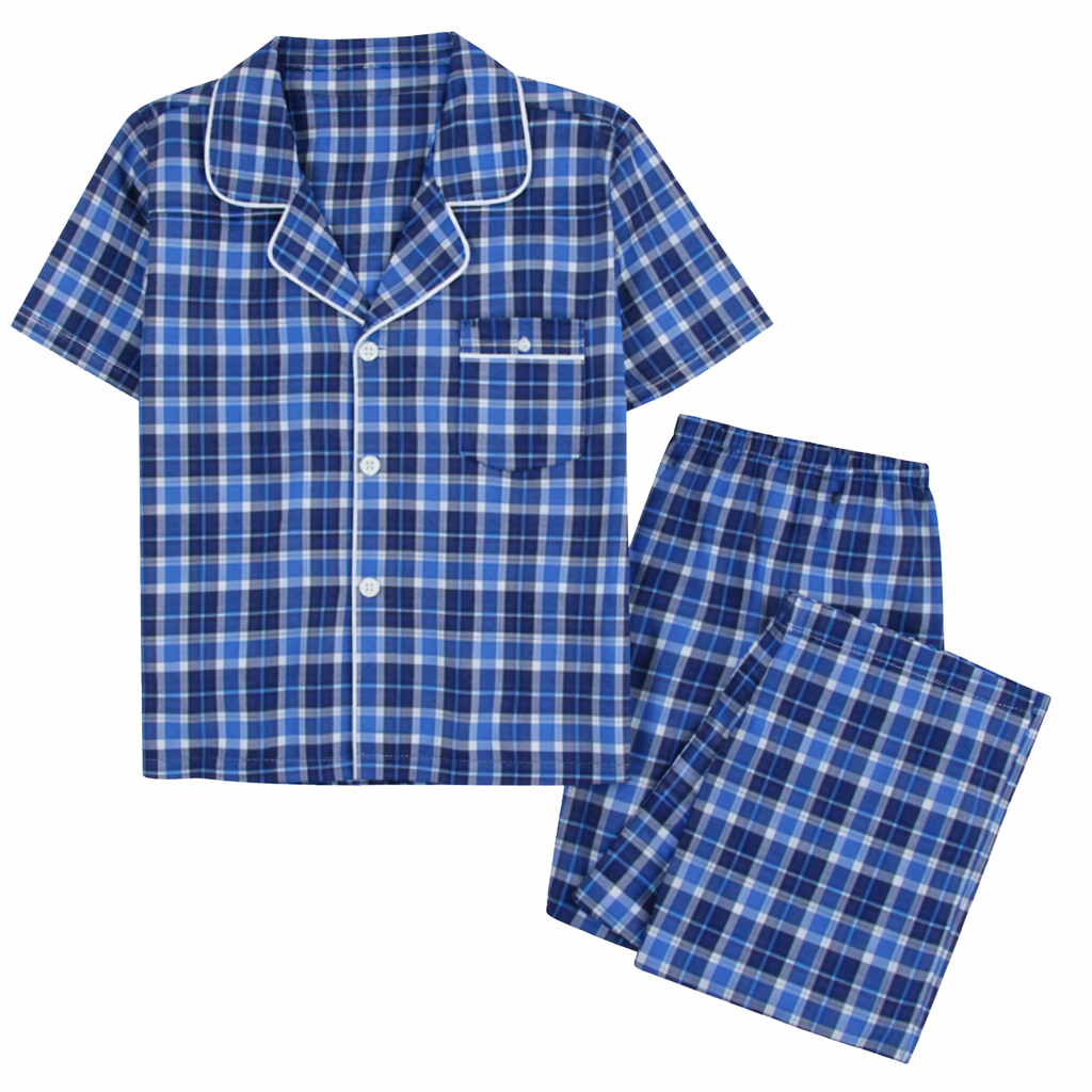 Pijama de manga corta para hombre con pantalón largo corto, azul marino claro multicolor