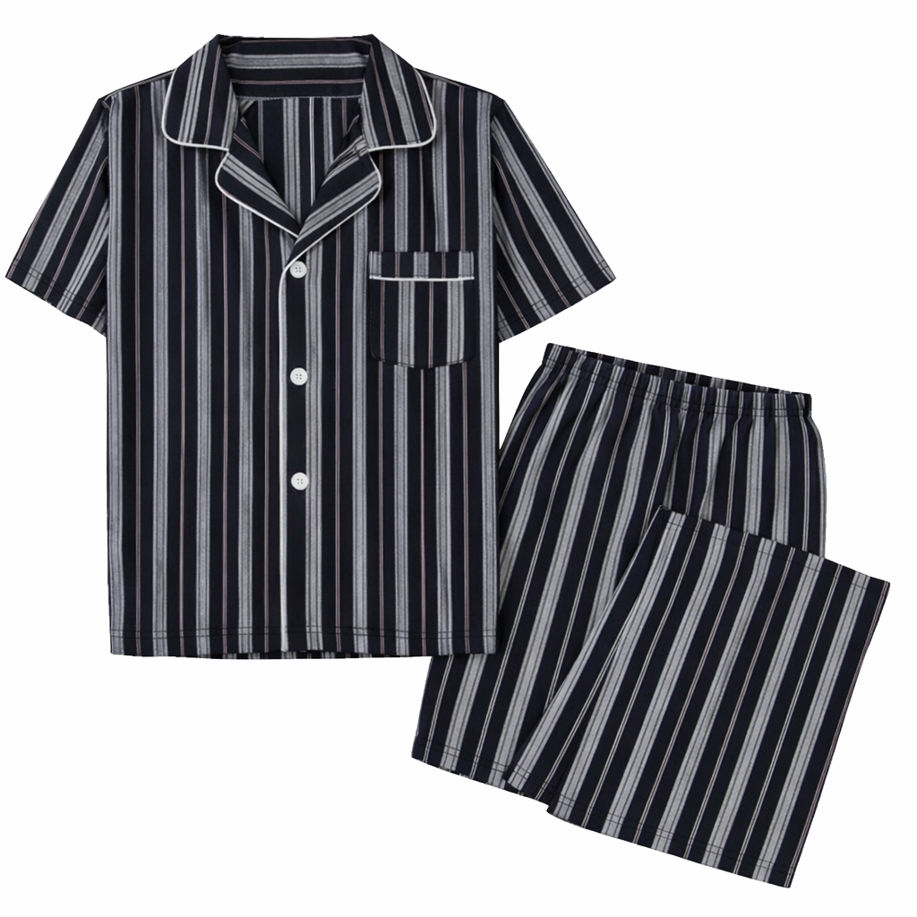 Pijama de hombre de manga corta con pantalón largo corto, azul marino/gris multicolor