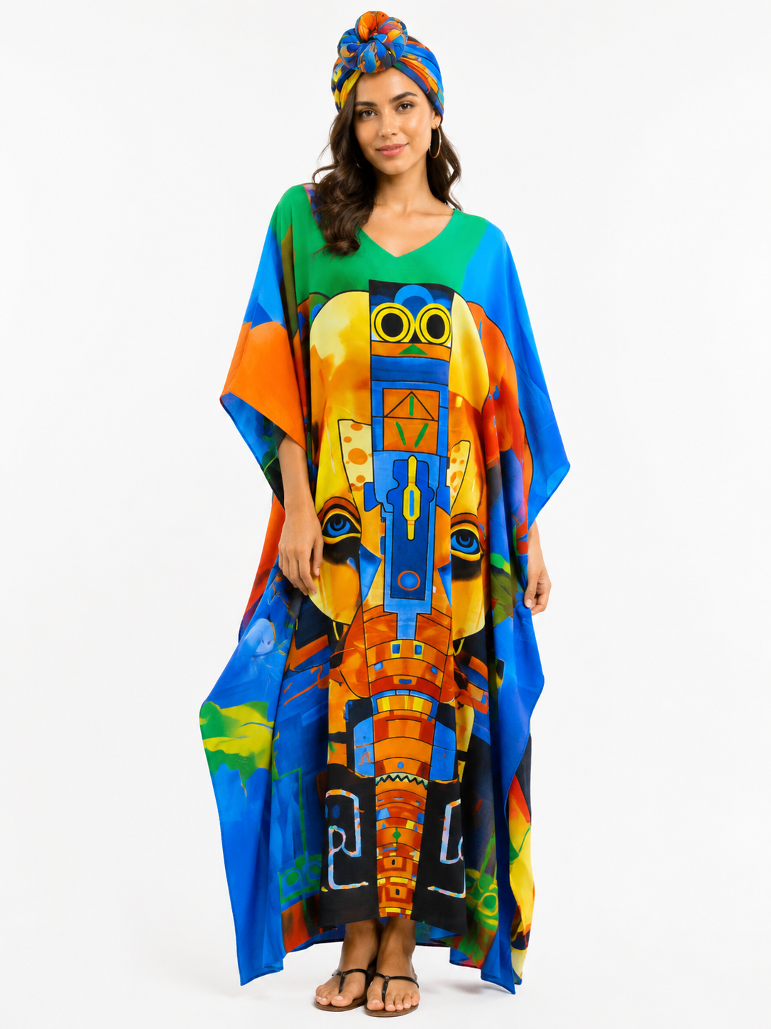 Kaftán largo azul claro con estampado - Etnia Negra
