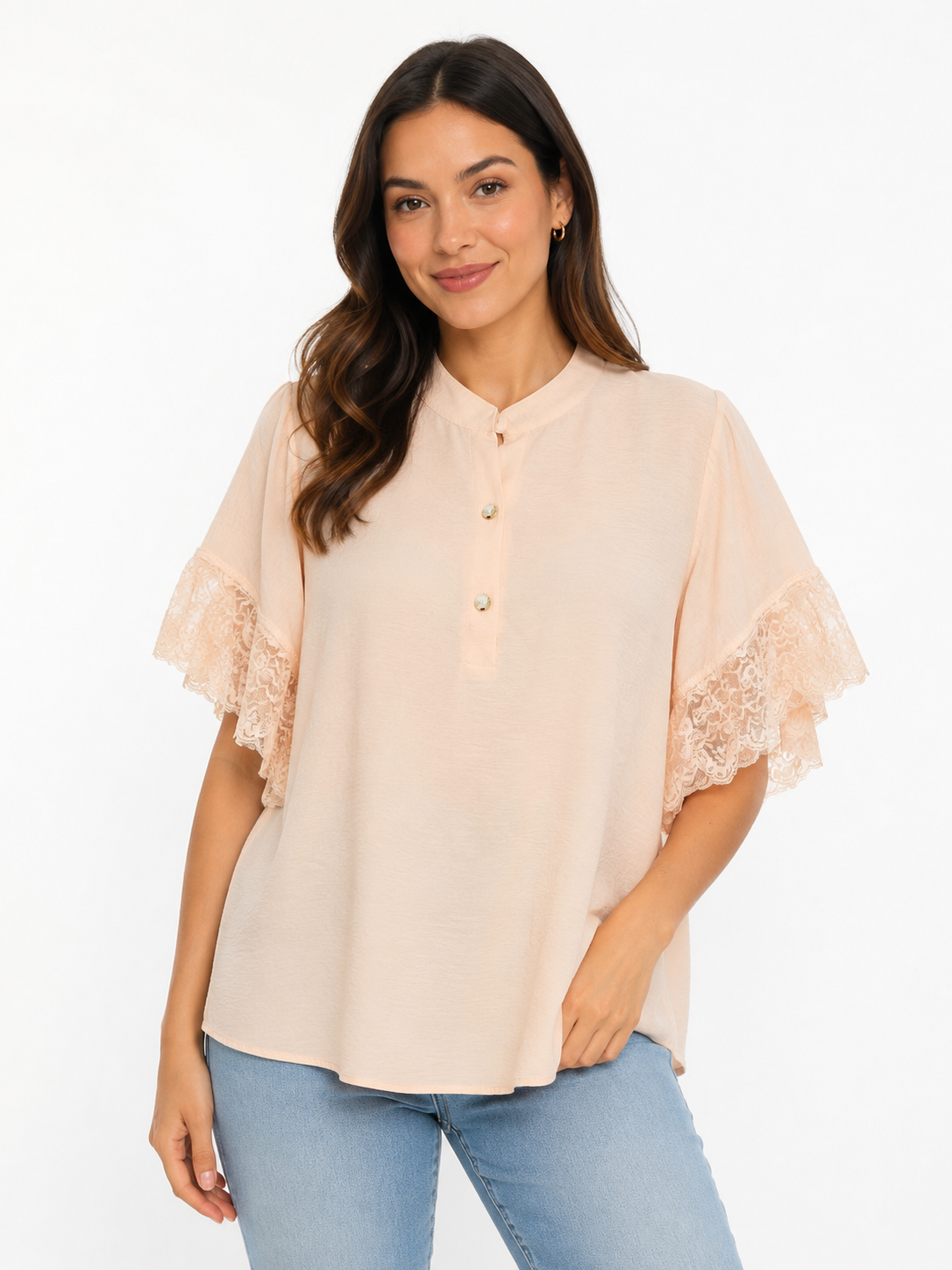 Ladies Air Flow Dress, 2 Button Henley, Crochet Sleeve Beige  - Liz & Lilli