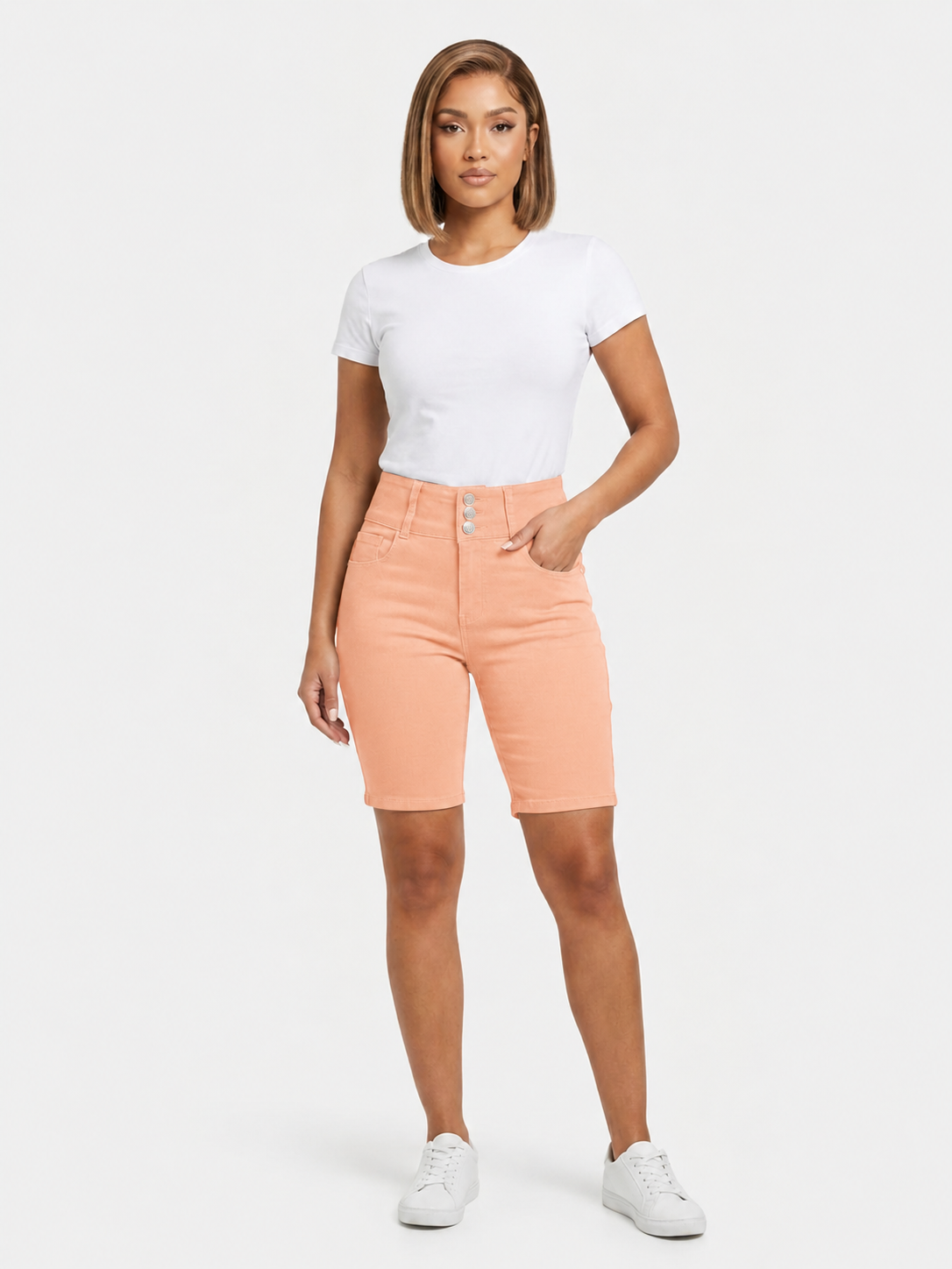 Bermuda H-Stretch con 3 botones melocotón