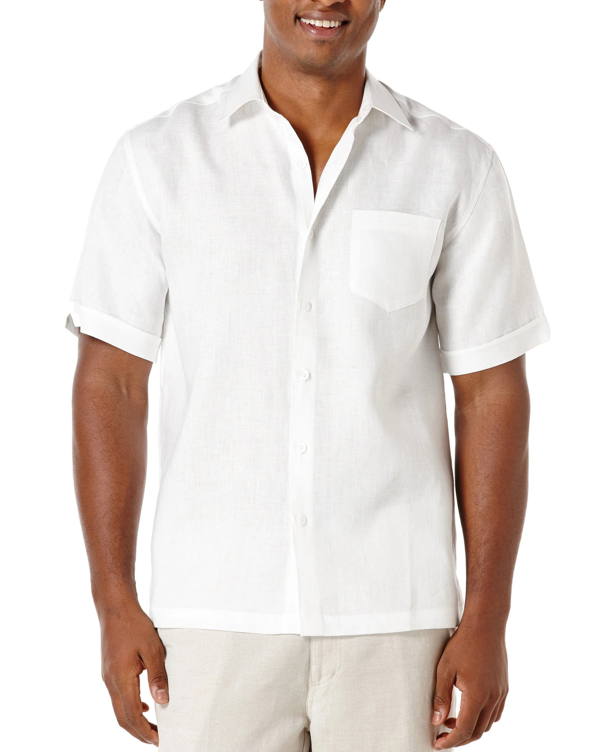 Camisas de hombre de lino blanco de manga corta de color liso