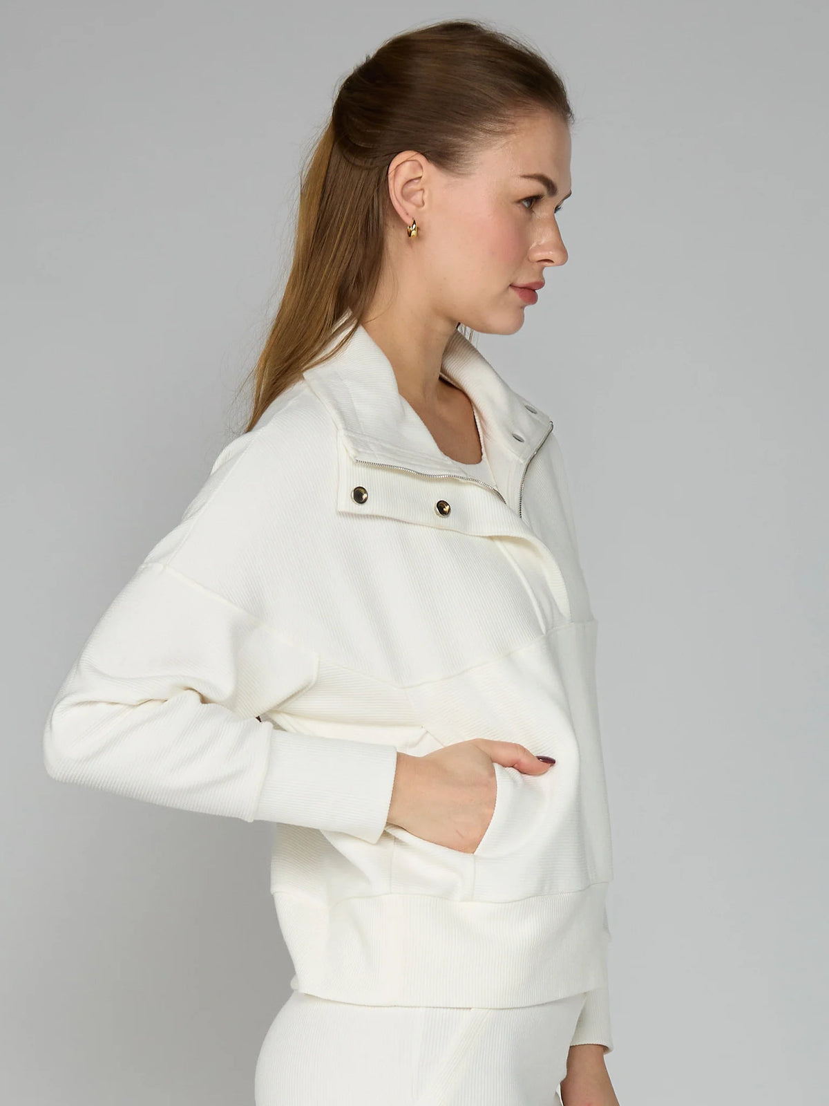 Quarter Zip Ribbed Sweatshirt Cream