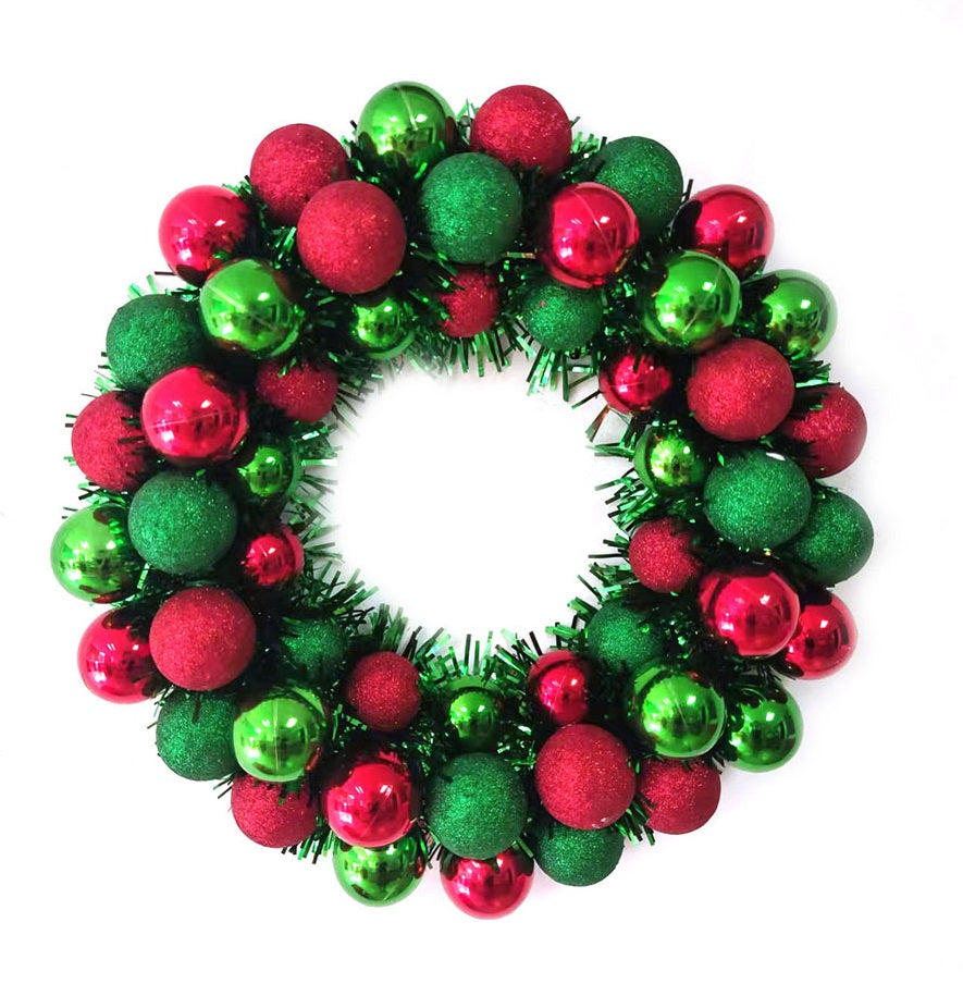 Shatterproof Glitter Ball Wreath 16" Red & Green Balls with/Green Tinsel