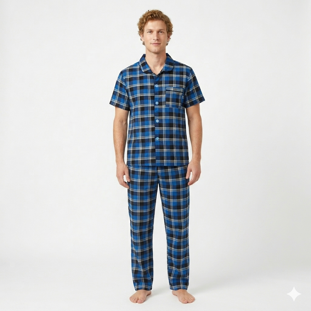 Pijama de hombre de manga corta con pantalón corto azul/negro multicolor
