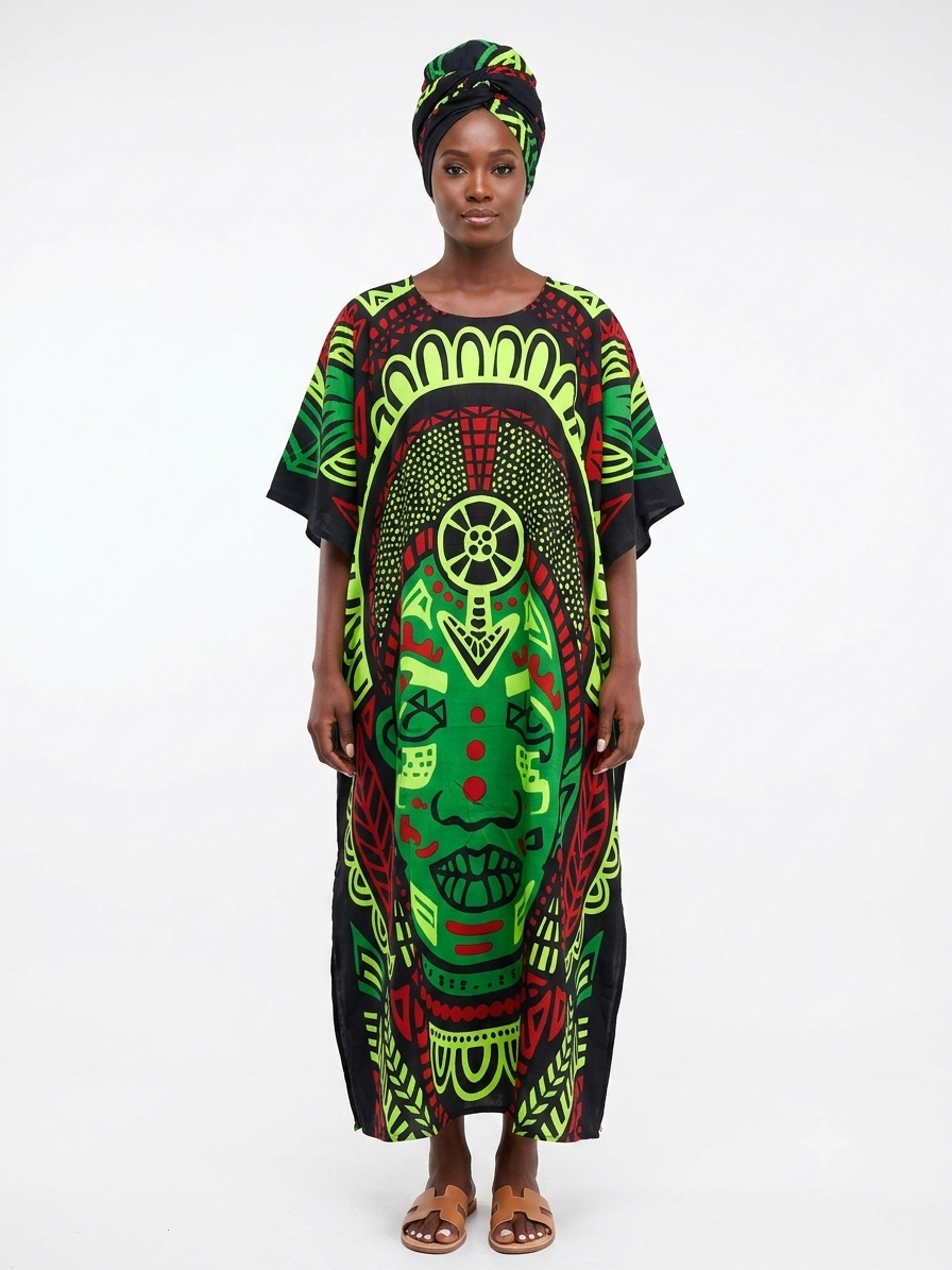 Kaftán Largo Verde-Negro Estampado - Etnia Negra