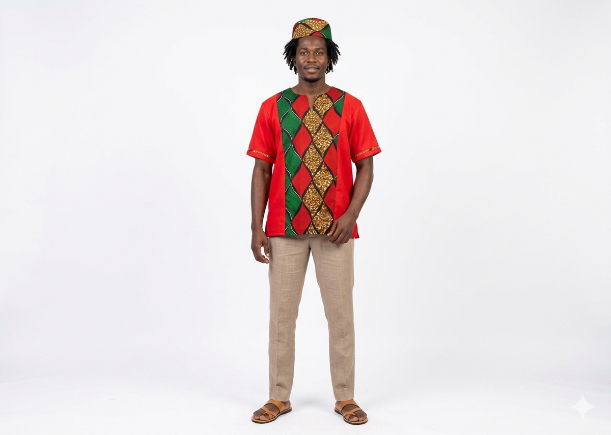Camisa y Kufi de Hombre Rojos Estampados (Etnia Negra)
