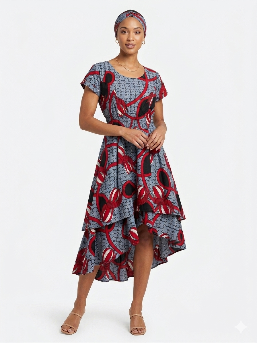 2 Vestido de talla grande de manga corta cansado Rojo-Gris