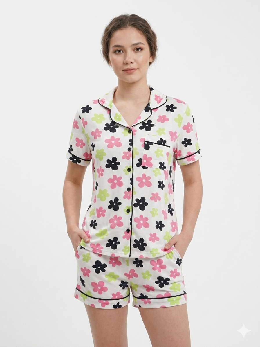 Conjunto corto de 2 piezas con cuello y botones, blanco con flores negras y rosas