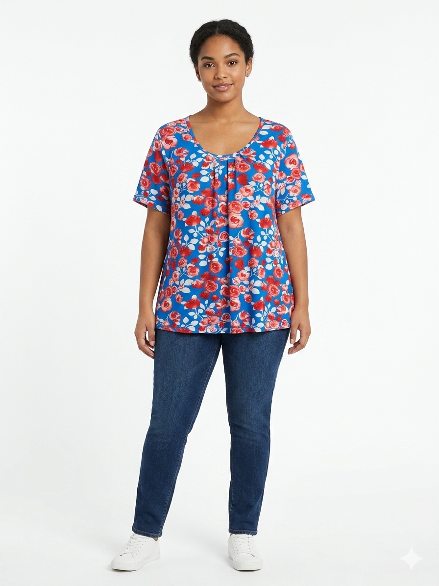Top de tallas grandes para mujer, con estampado floral azul y rojo