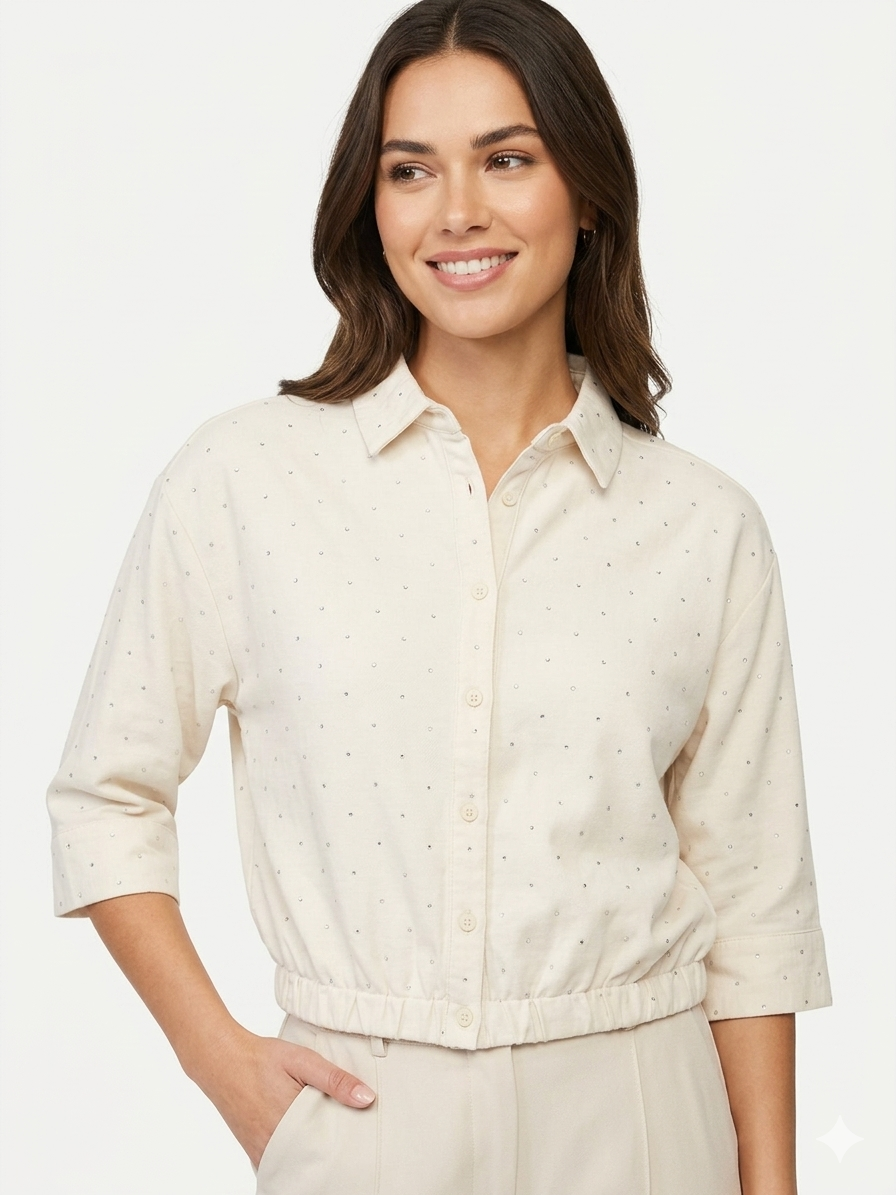 Blusa de manga dolman con botones y elástico en la cintura, color arena