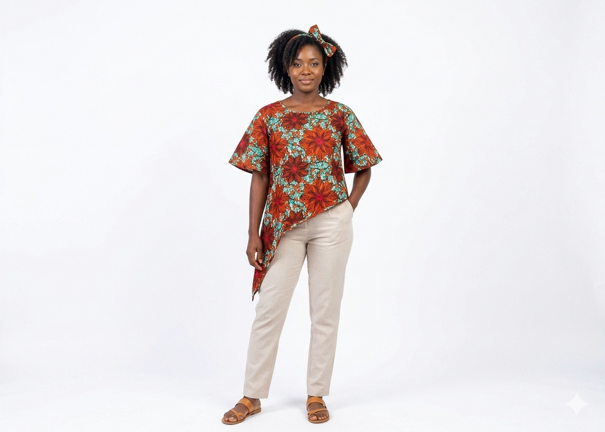 Camisa Dama Flores Chocolate-Fucsia-Turquesa (Etnia Negra)