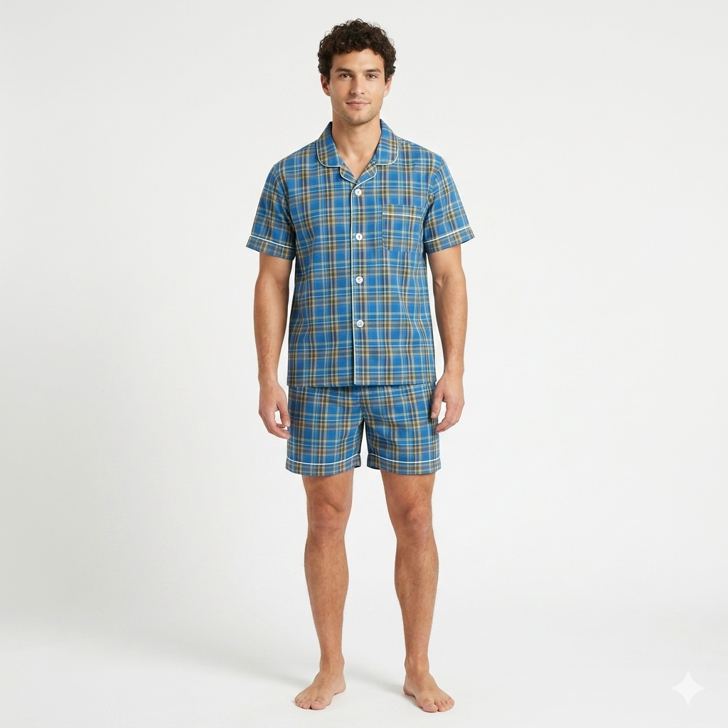 Pijama de hombre de manga corta con pantalón corto, azul/amarillo multicolor