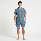 Pijama de hombre de manga corta con pantalón corto, azul/amarillo multicolor