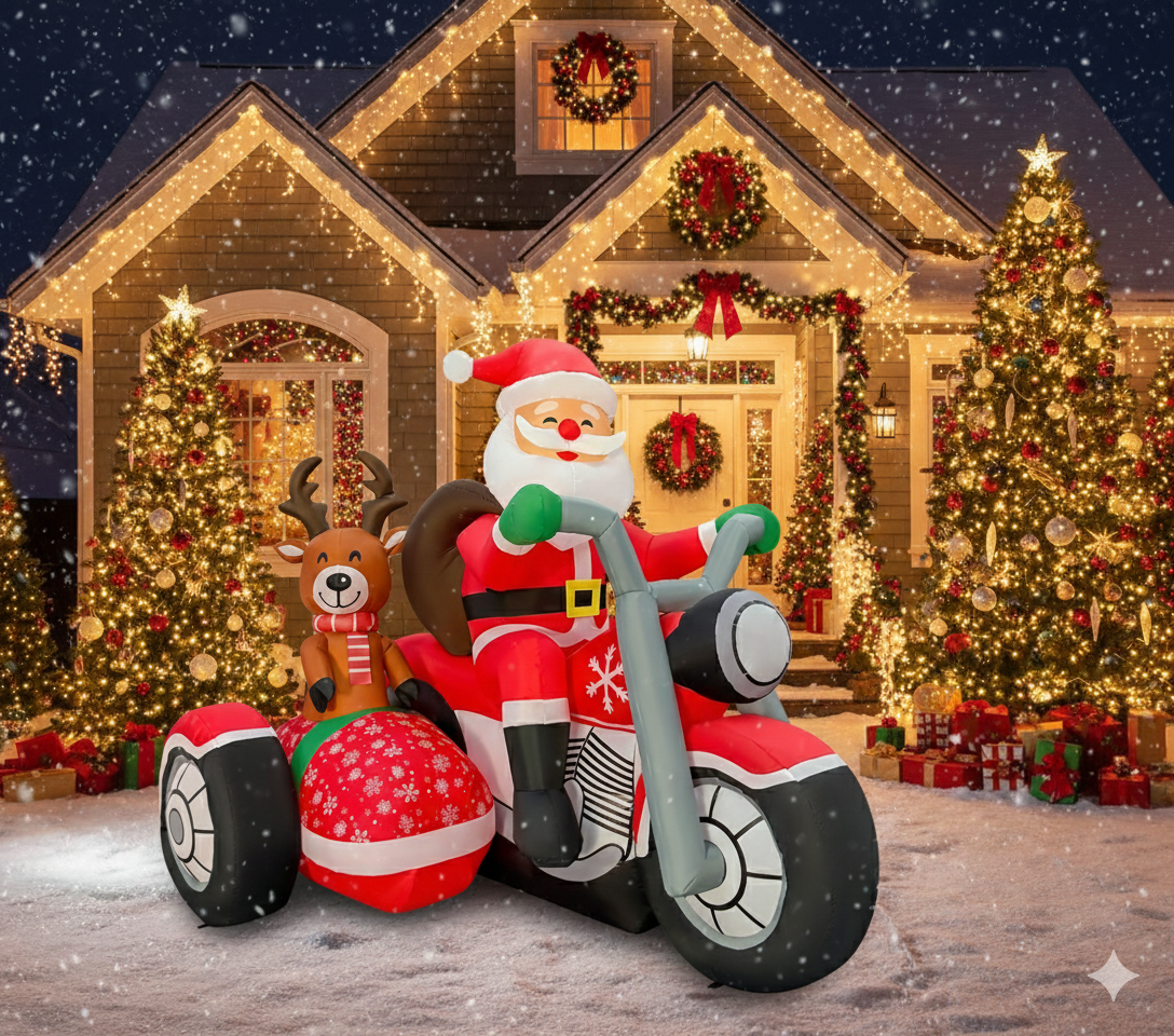 Papá Noel inflable de 1.95 m de largo en motocicleta con reno