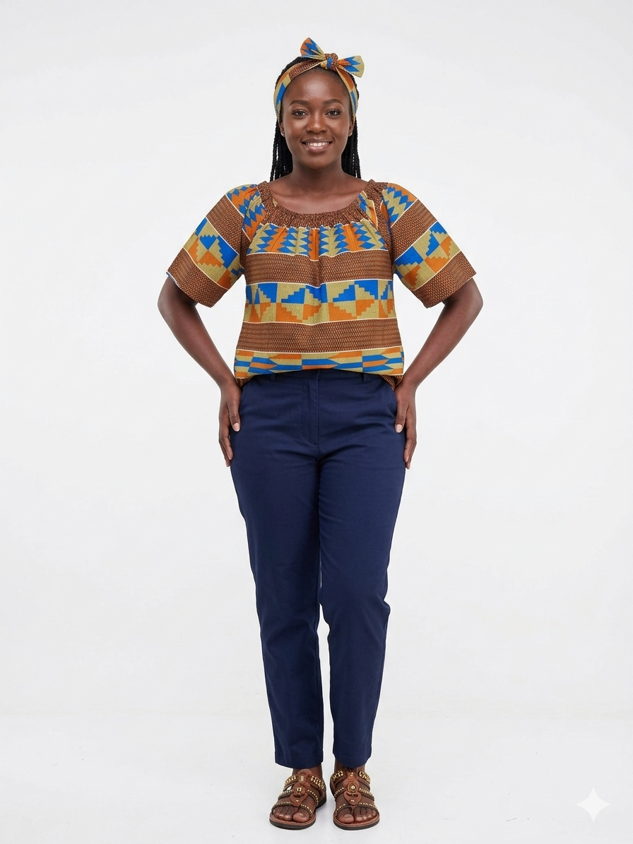 Camisa de Dama Chocolate con franjas Naranja-Azul-Beige (Etnia Negra)