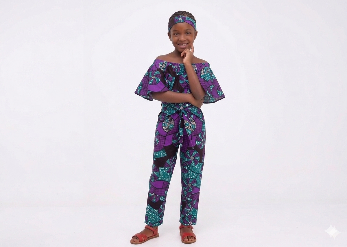 Jumpsuit Niña Morado-Turquesa-Chocolate (Etnia Negra)