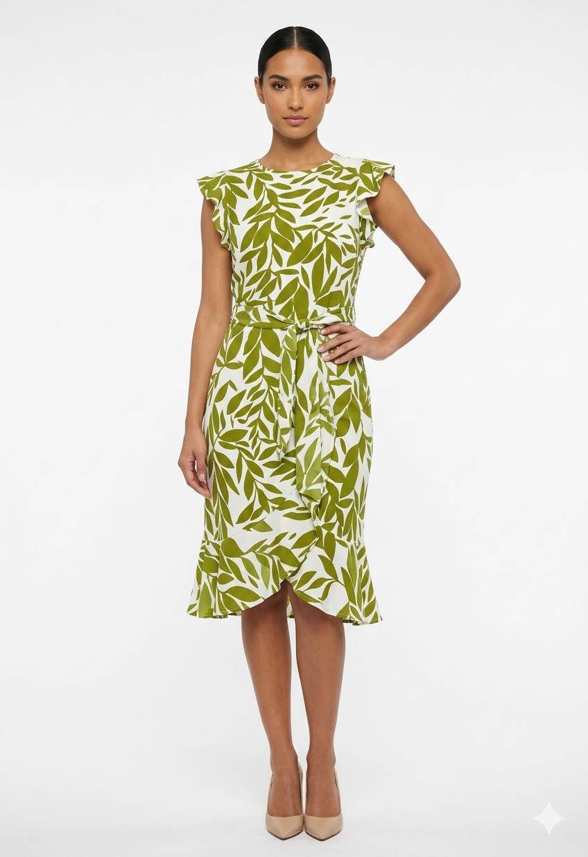 Vestido Manga Volante Hoja Crema Aguacate - Shelby y Palmer