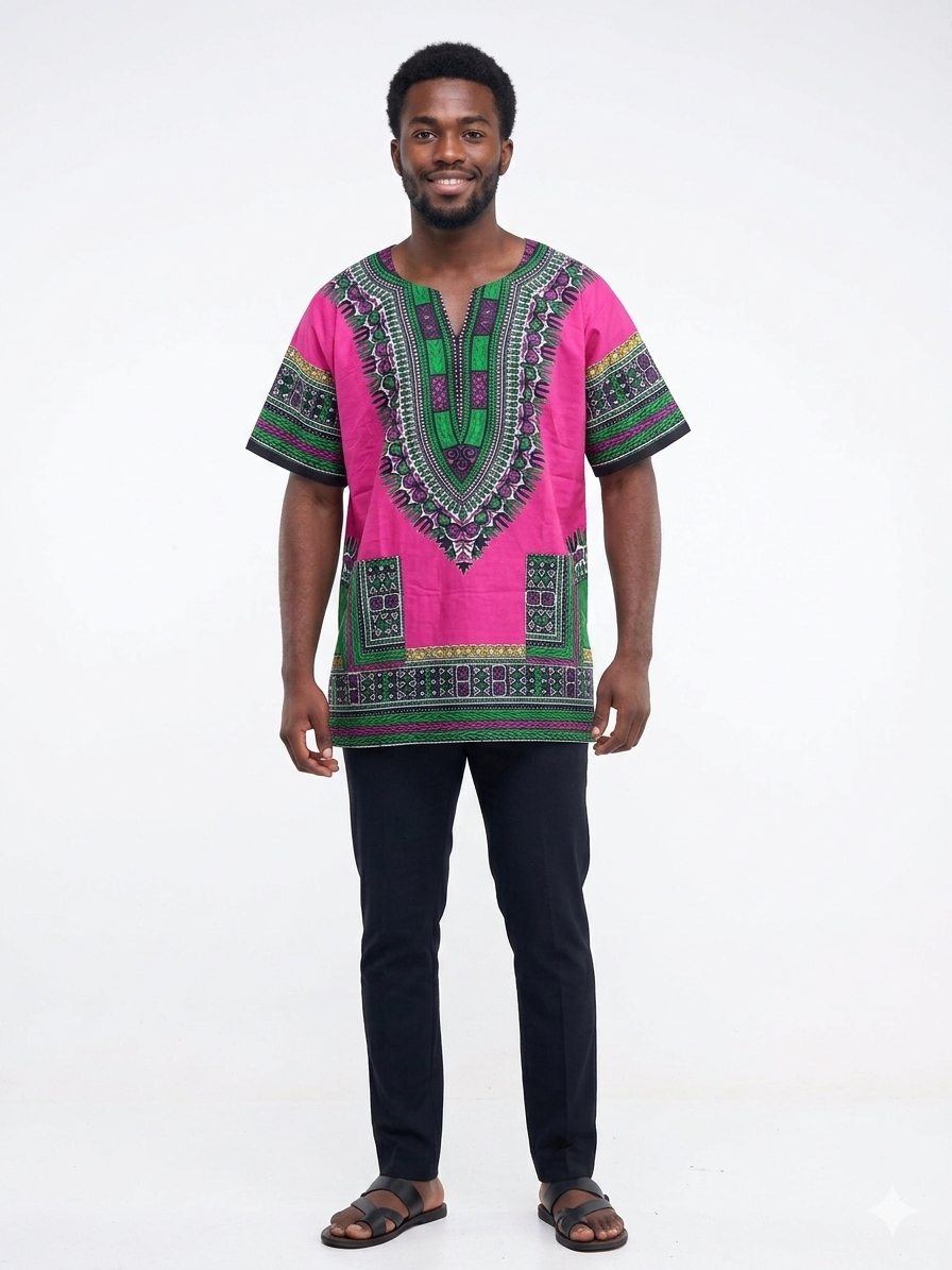 Dashiki Fucsia de Algodón para Hombre - Etnia Negra
