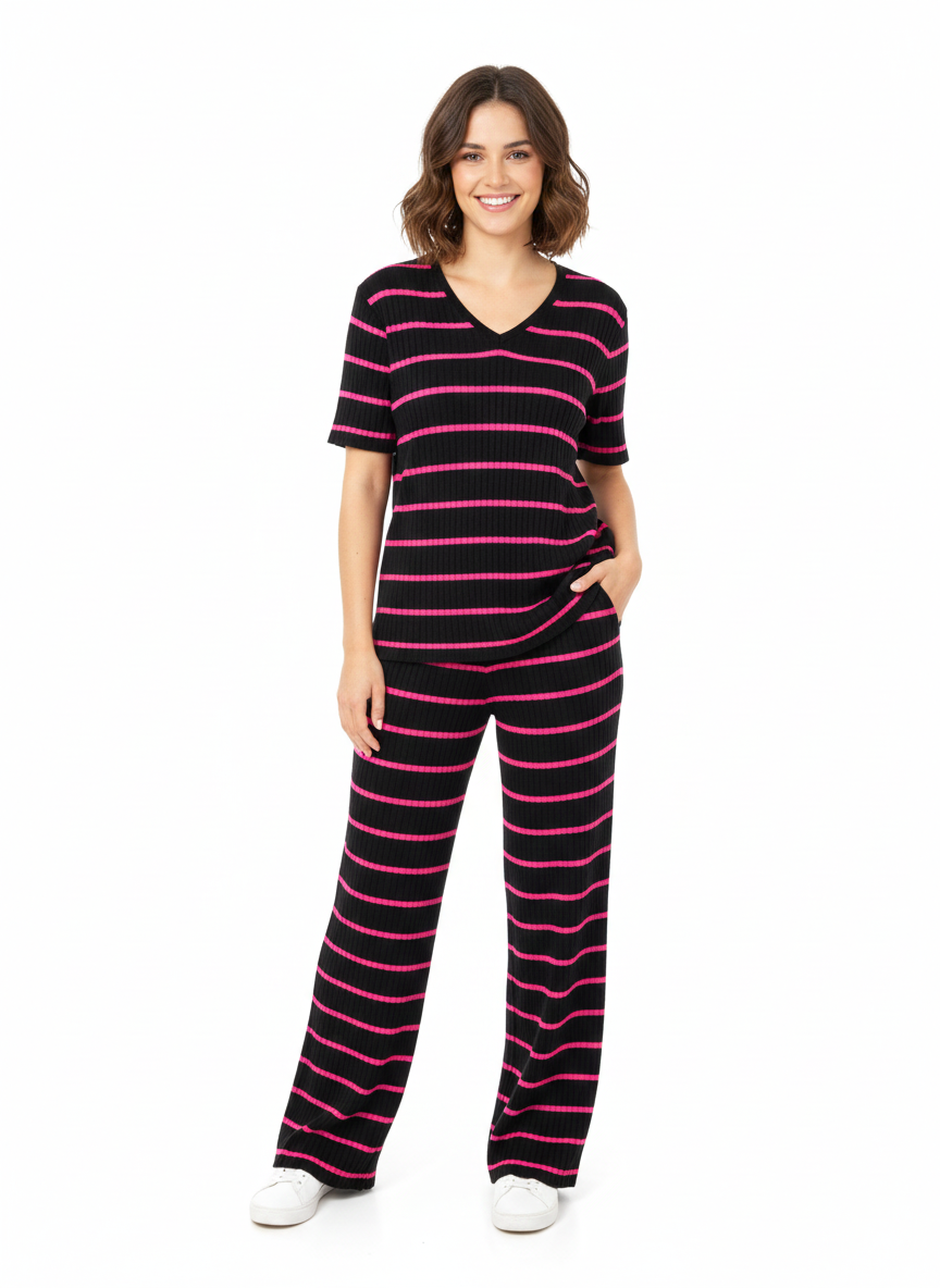 Conjunto de jersey de punto a rayas con cuello en V para mujer con pantalón, 2 espaldas/fucsia - Liz & Lilli