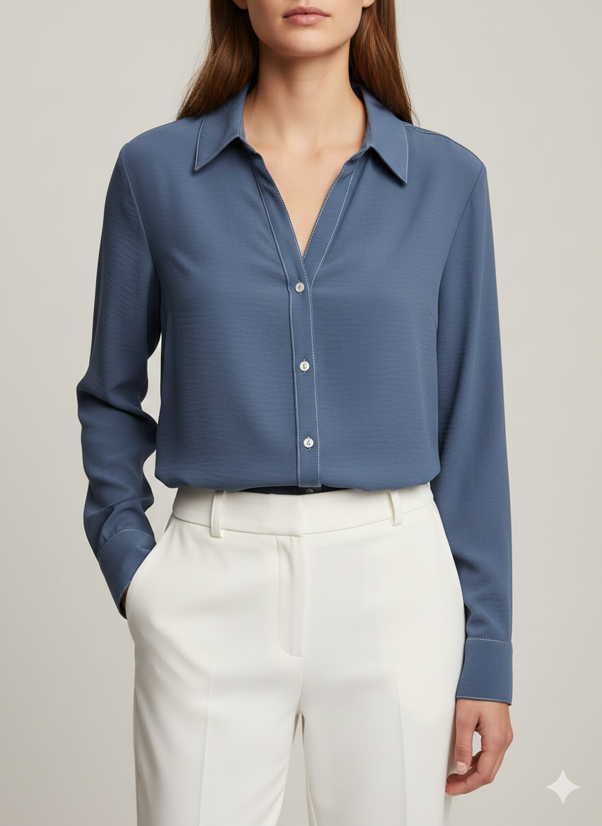Blouse Contrast Stitch  Indigo/White - Ninety