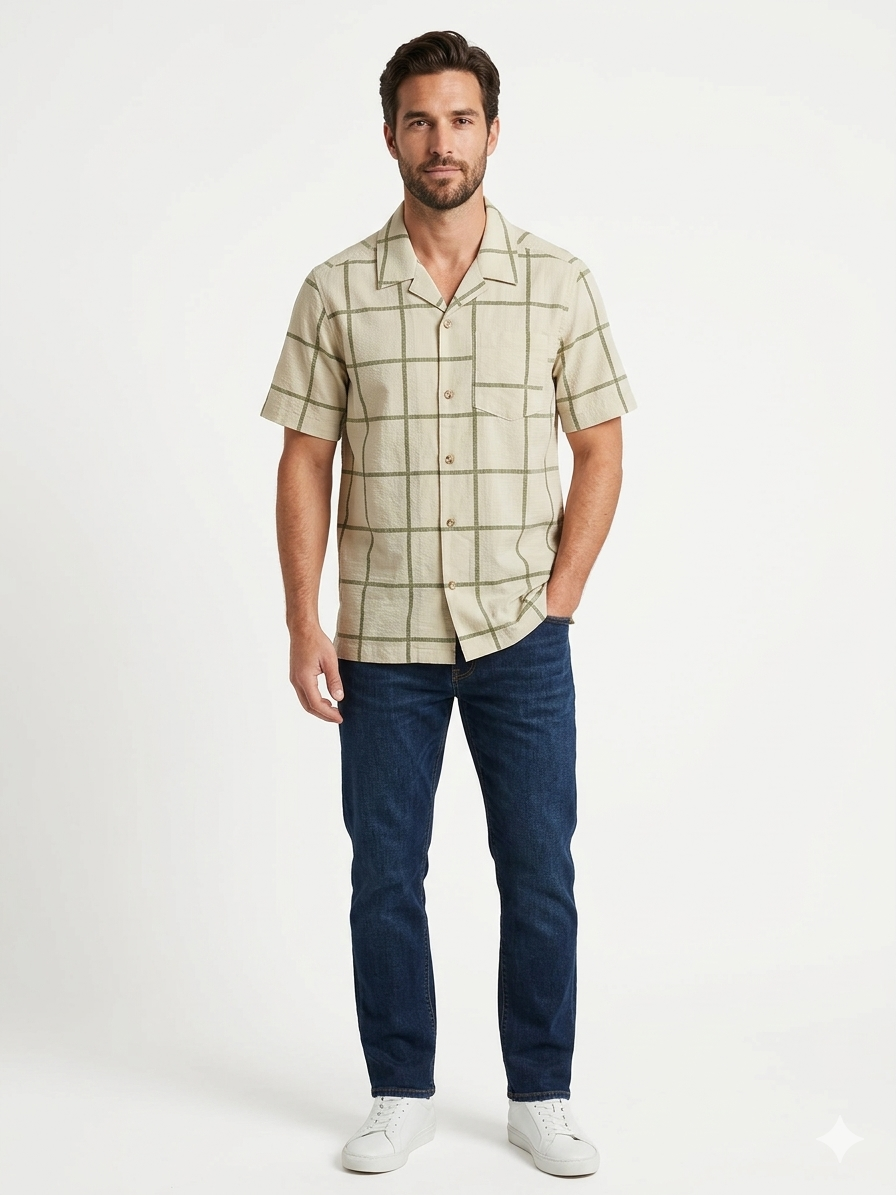 Camisa de Manga Corta con Bolsillo y Protección UV Almond Dash Plaid