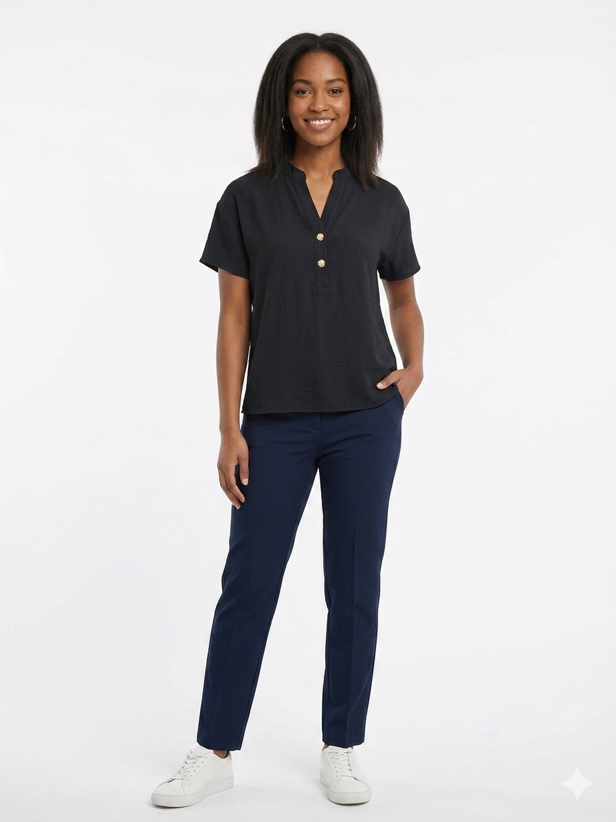 Camiseta sin mangas Air Flow para mujer, Henley de 2 botones negra - Liz & Lilli