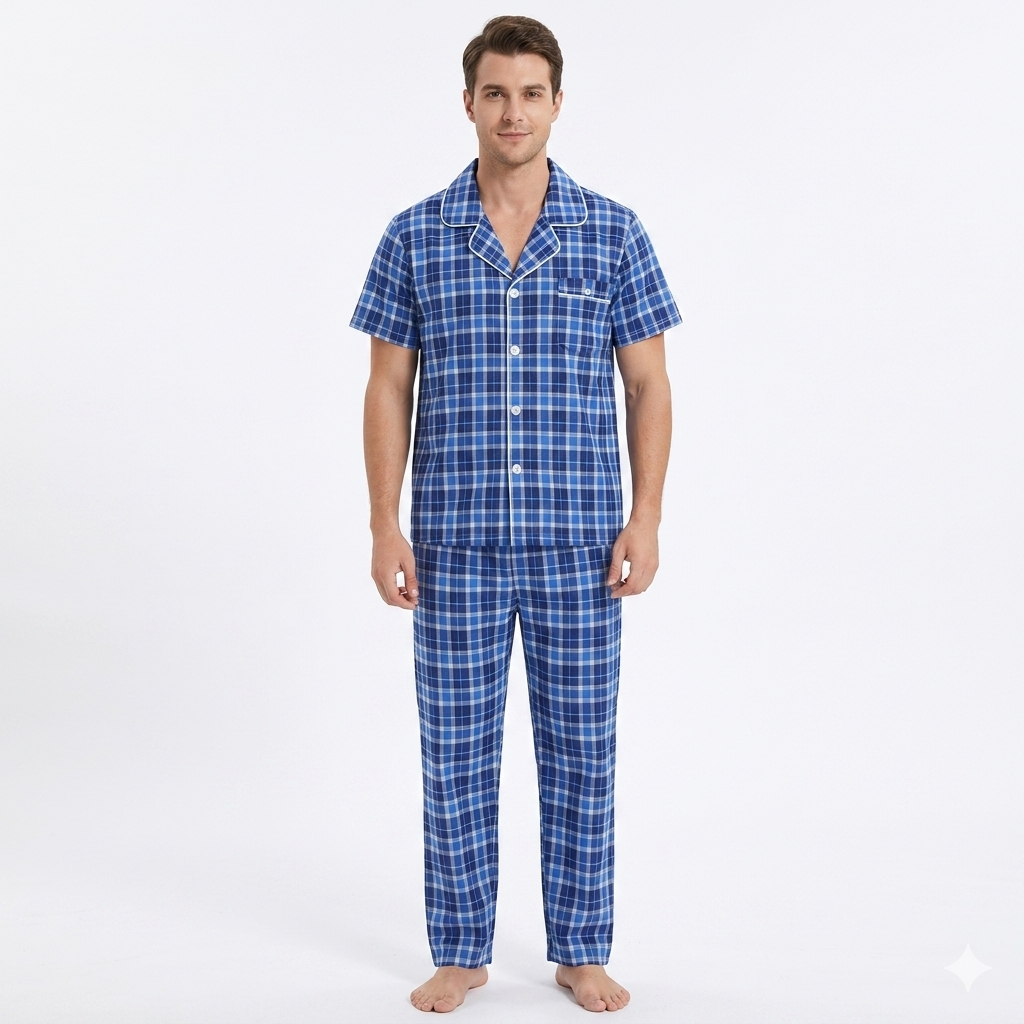 Pijama de manga corta para hombre con pantalón largo corto, azul marino claro multicolor