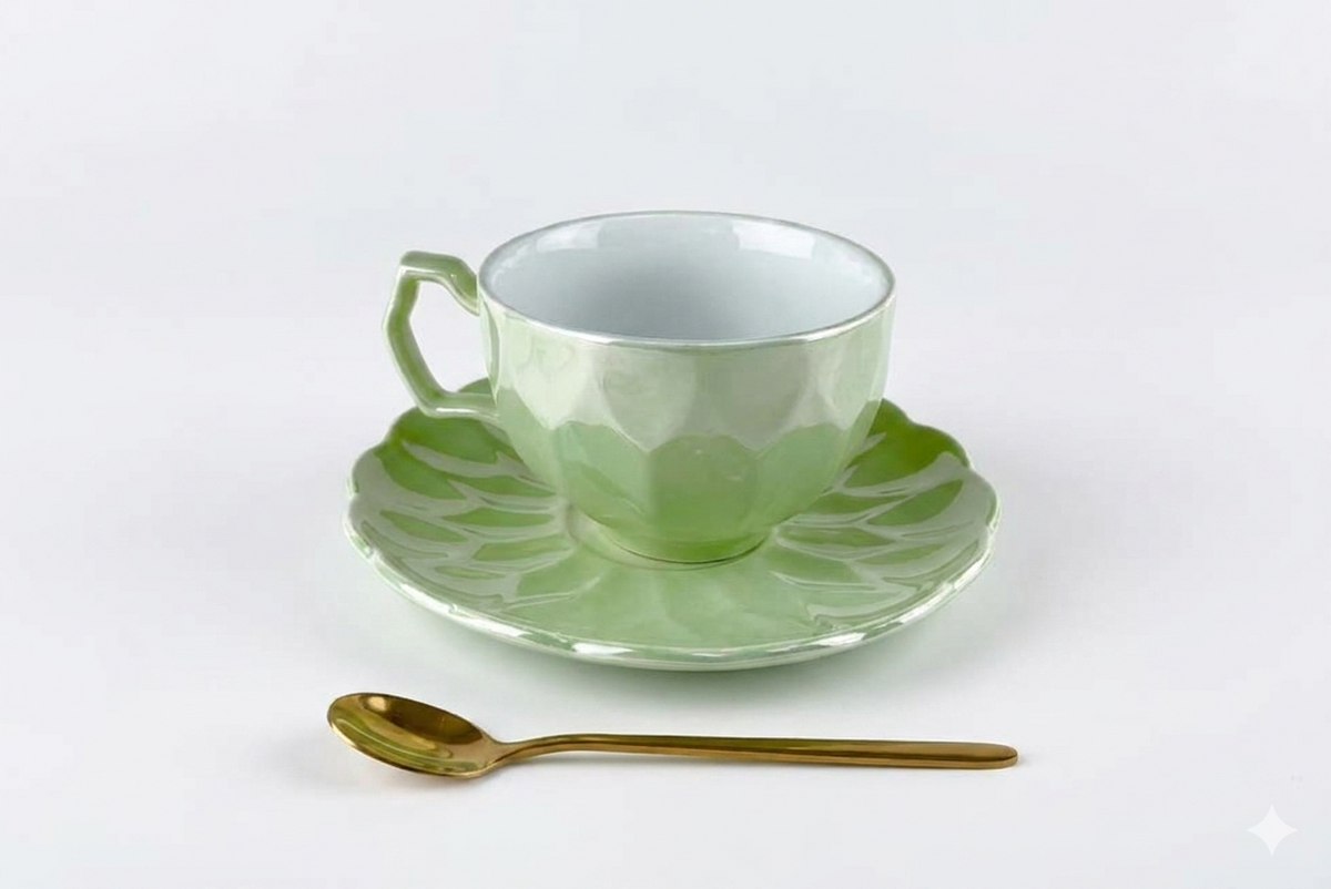 Taza con platillo y cuchara verde