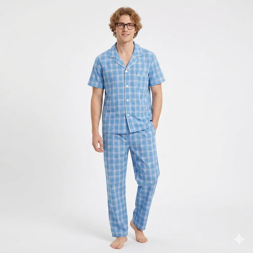 Pijama de hombre de manga corta con pantalón corto largo, azul claro multicolor