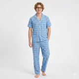 Pijama de hombre de manga corta con pantalón corto largo, azul claro multicolor