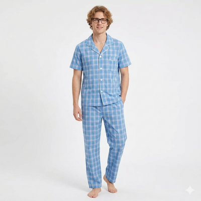 Pijama de hombre de manga corta con pantalón corto largo, azul claro multicolor