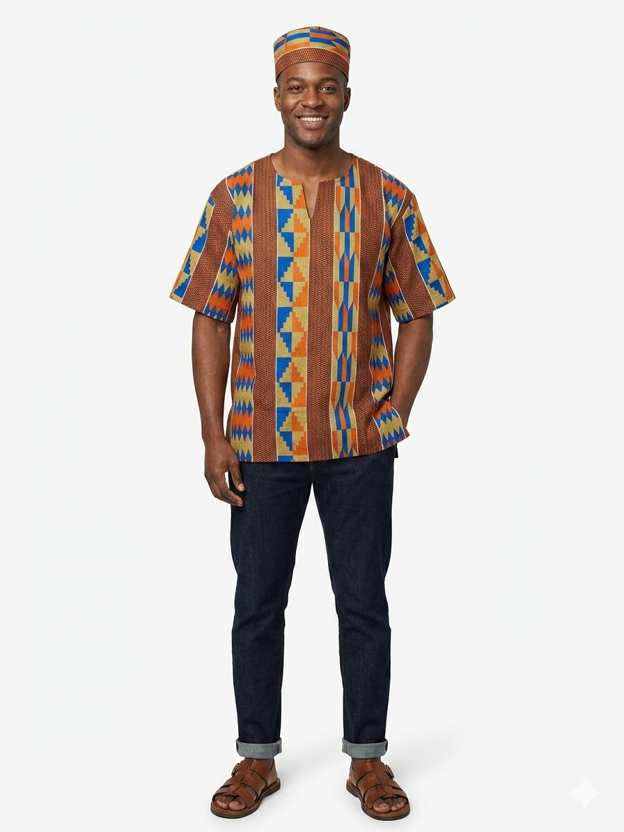 Camisa de caballero chocolate-beige-naranja-azul (Etnia Negra)
