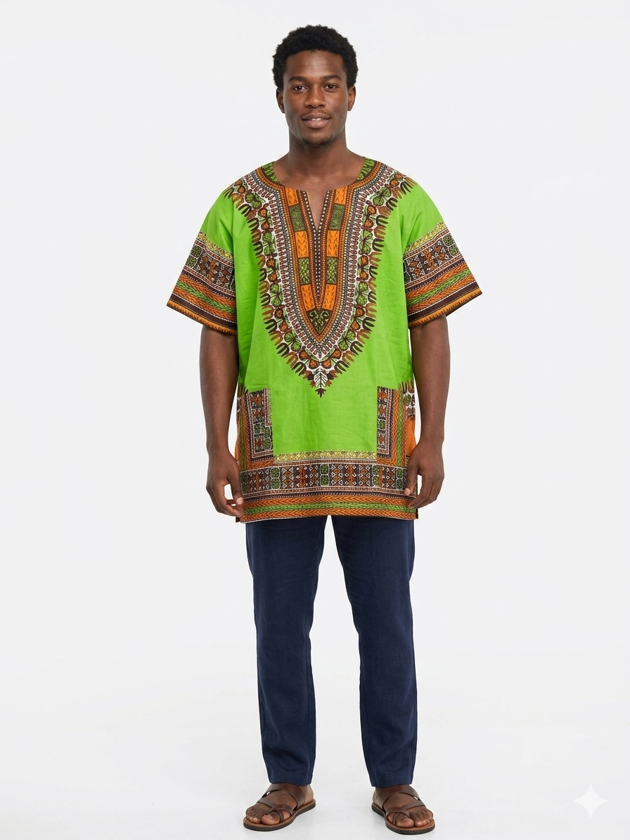 Hombre Algodón Dashiki Verde-Etnia Negra