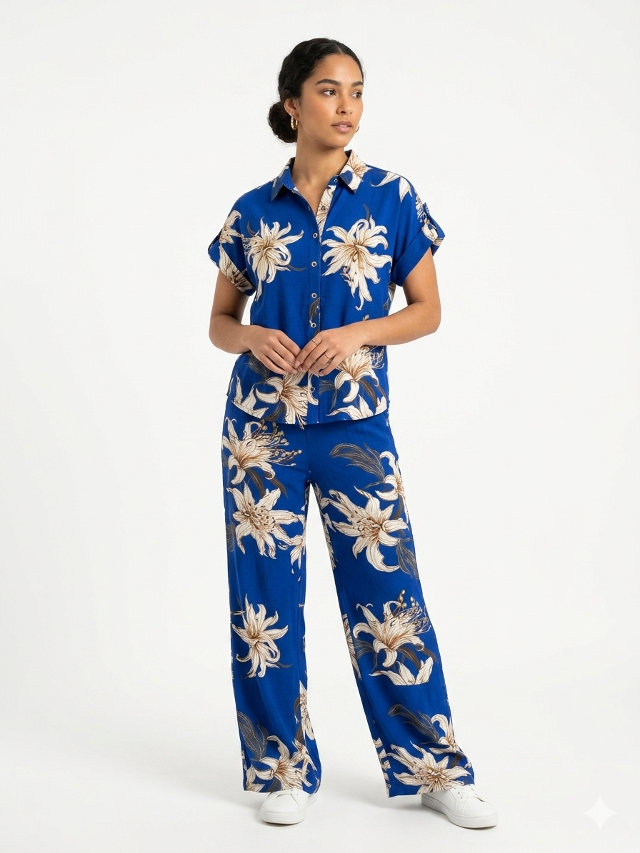 Conjunto de camisa campestre abotonada azul marino y crema