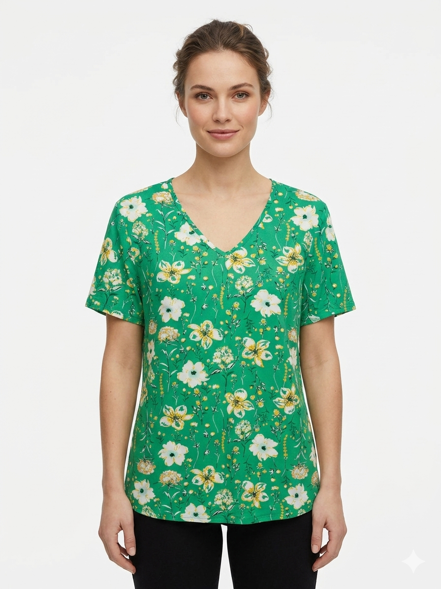 Ladies  Print Top Green with Flowers