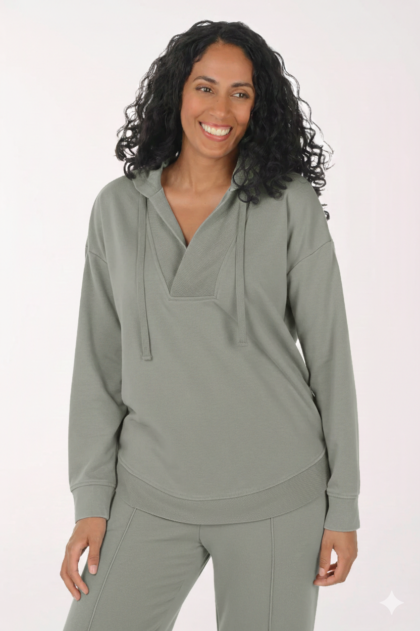 Sudadera con capucha y cuello en V de felpa francesa color salvia