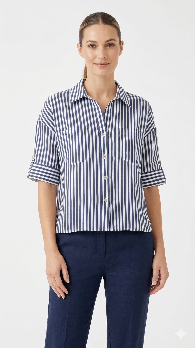 Blusa Lino Rayón Azul Marino Blanco