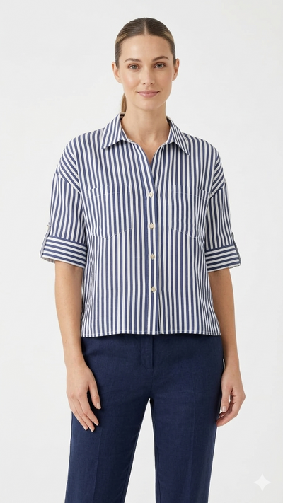 Blouse Linen Rayon Navy White