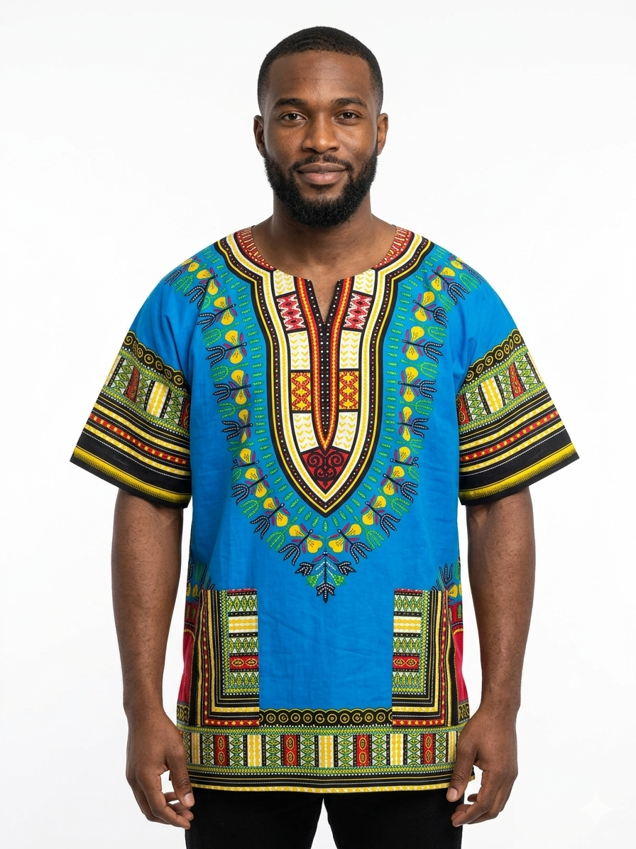 Tallas grandes para hombre Dashiki de algodón azul-Etnia negra