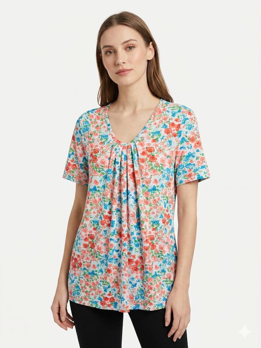 Blusa de Tallas Grandes para Dama, Flores Blancas, Rojas y Azules