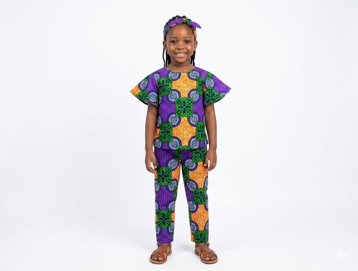Conjunto niña morado, verde y naranja (etnia negra)