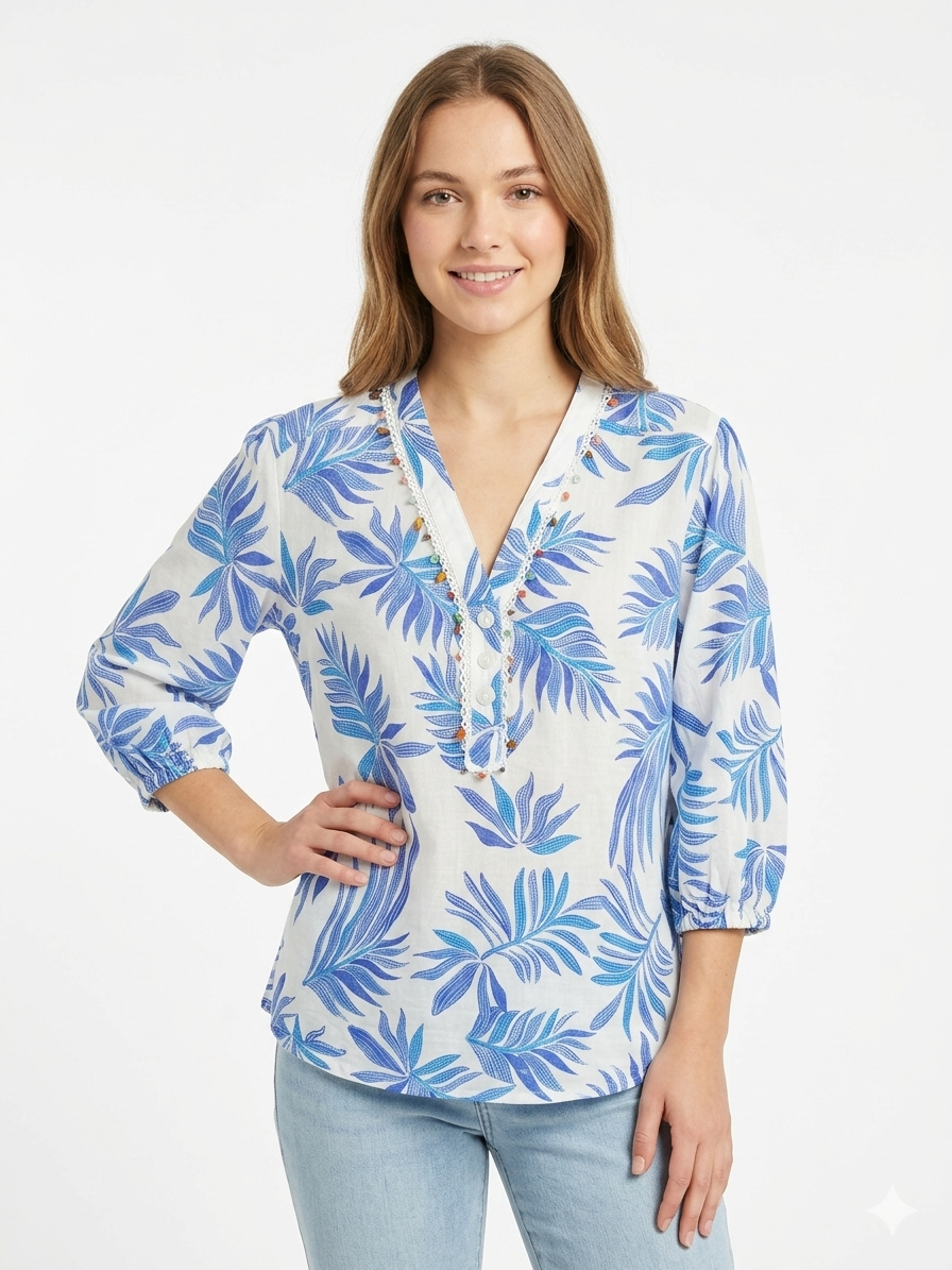 Henley azul con ribete de ganchillo