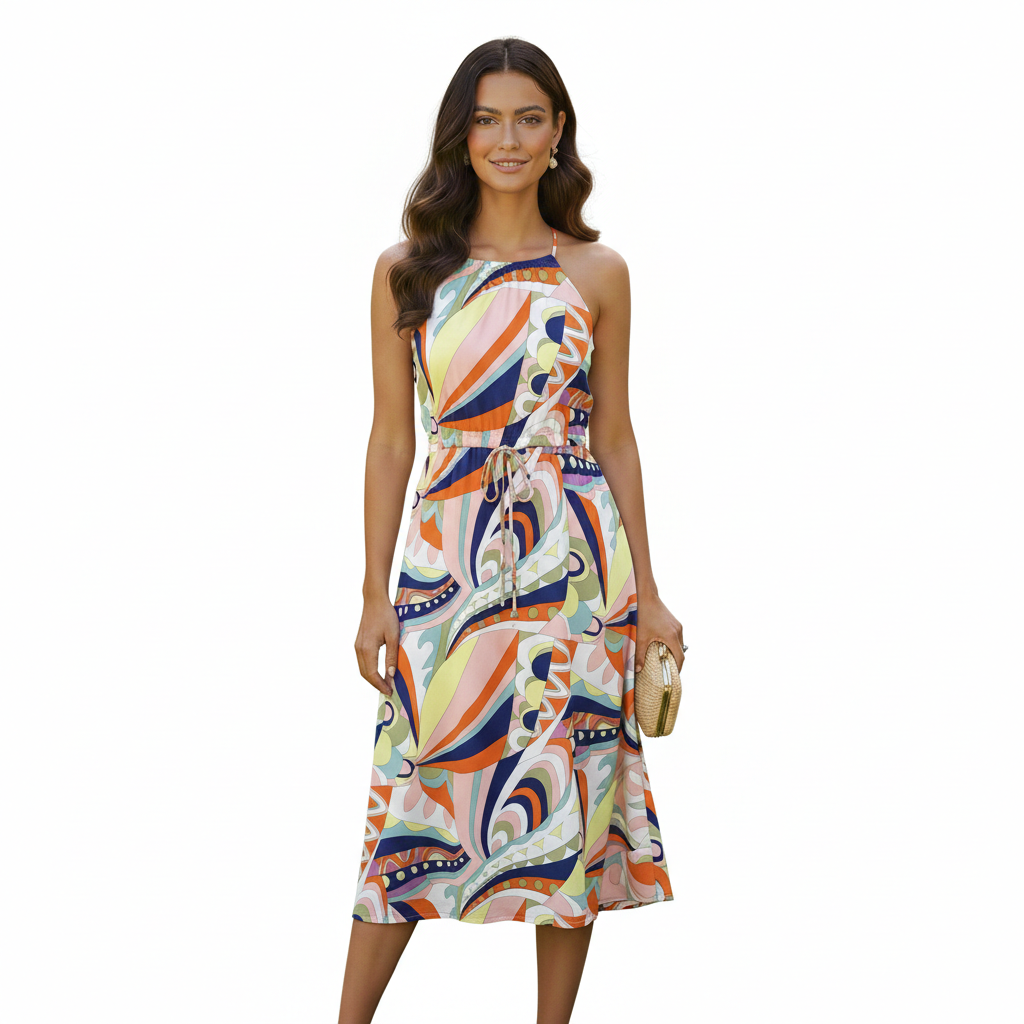 Vestido estampado con lazo trasero coral