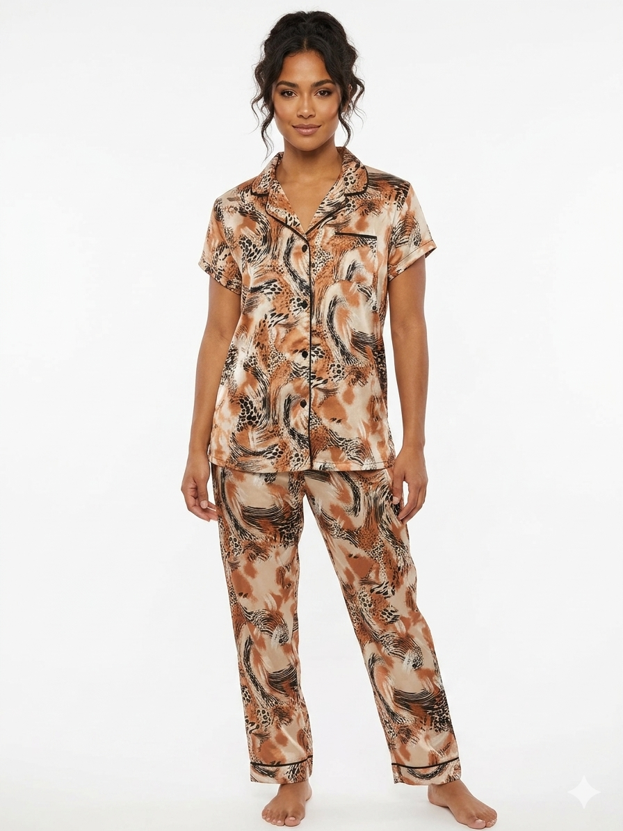 Conjunto de satén de 2 piezas para mujer con cuello con muescas y pantalón, estampado animal marrón