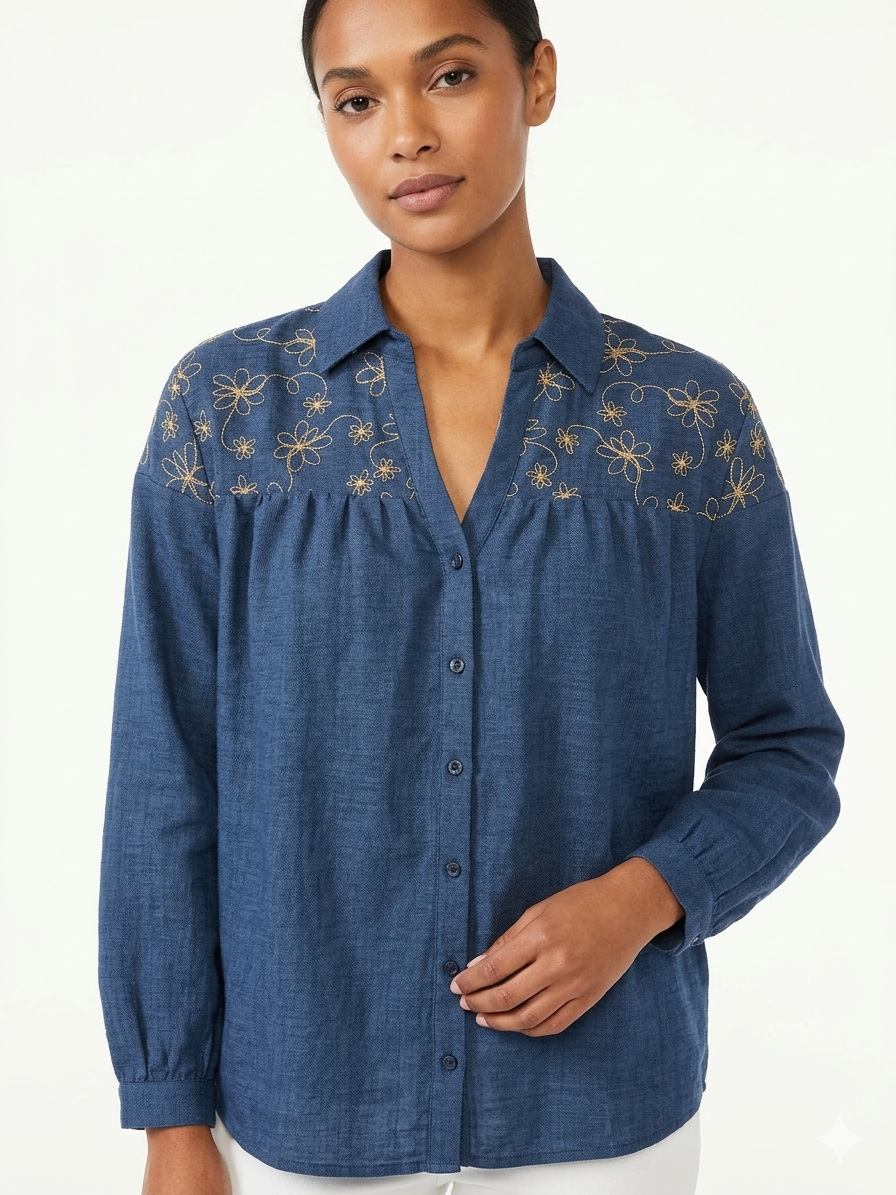 3/4 Camisa de mezclilla oscura bordada con botones
